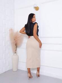 Beige, Black And Pink Denim Midi Skirt - Kem - Xem 4