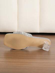 女士高跟凉鞋，新款夏季透明低跟一脚蹬拖鞋，时尚玫瑰红色方头水晶粗跟鞋