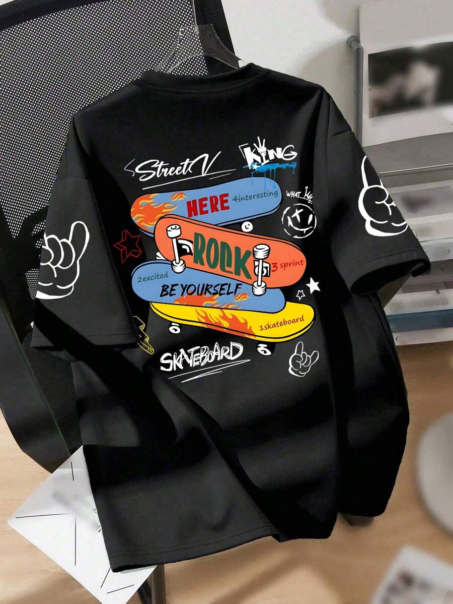 1 件男童街头滑板彩色印花短袖 T 恤，柔软亲肤面料，日常运动夏季风格