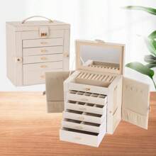 Caja de joyería de gran capacidad y multicapa de PU, organizador de tocador multifuncional, adecuado para collares, aretes, anillos, pulseras, relojes, lápices labiales, almacenamiento de cosméticos diarios, bolsa de viaje para joyas, esenciales de viaje, accesorios de viaje, bolsa de viaje, vacaciones, regreso a la escuela, cosas de la escuela, caja de joyas, organizador de joyas