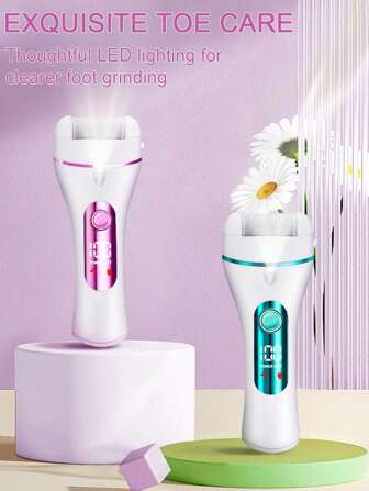 Raspador de pies eléctrico de alta gama, modelo rosa con luz LED para niña, recarga por USB, exfoliación suave. Adiós a los talones rugosos. Pedicura silenciosa. Imprescindible para personas perezosas en casa para el cuidado de los pies.