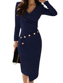 Ruched Irregular Dress Women Elegant Long Sleeve Wrap V Neck Lady Work Formal OL Party Cocktail Slim Dresses Vintage Spring Fall Winter Dress Clothes - Navy Blue - View 1