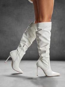 女士细跟褶皱靴，保暖靴，侧拉链，皮革过膝长靴，性感派对靴，白色