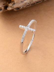 1pc Elegant Promise Ring, Fashion Cross Design With Shiny Cubic Zirconia, Engagement/Wedding Ring, Luxury Bridal Jewelry