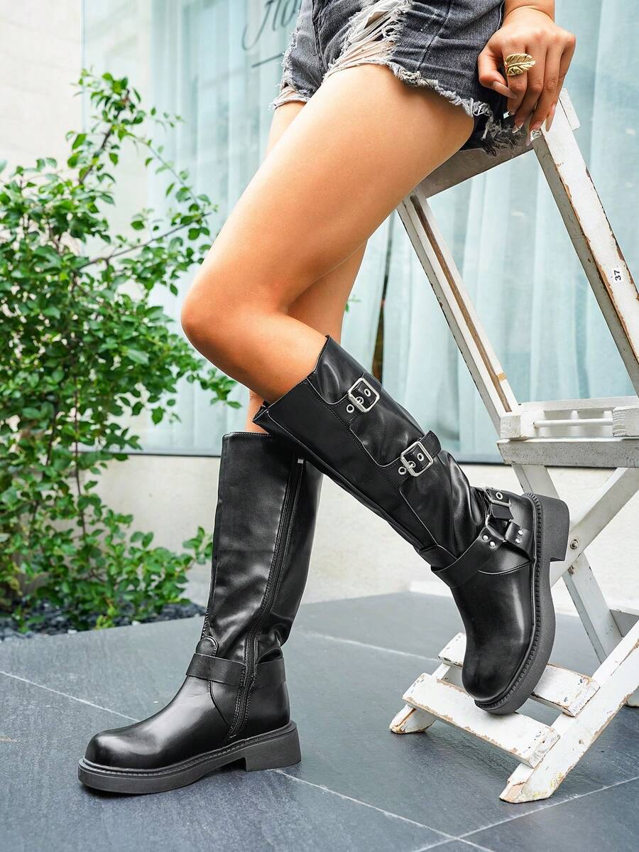 FVPFVP 2024 Botas altas de invierno con hebilla, botas altas de tubo recto ajustadas hasta la rodilla, color marrón para mujer, botas negras