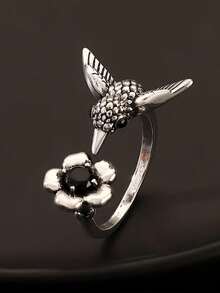 1 pieza Anillo con incrustaciones de animal pájaro vintage, anillo abierto de lujo y de peso ligero para mujeres - Plateado - Ver 2