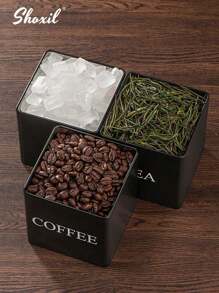 shoxil 3个带竹盖的密封咖啡储物罐 - 方形金属展示罐，适用于咖啡豆、茶叶、零食和干货，厨房橱柜收纳（3件套）