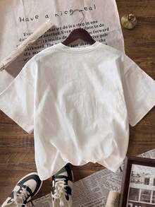 Striped & Fish Pattern Casual Round Neck Short Sleeve T-Shirt, Versatile For Summer - White - View 2