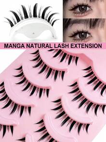 Asiteo 5 对假睫毛簇状睫毛自然外观，纤细漫画睫毛延长条带透明带短款动漫韩国假睫毛 - 黑色 - 查看 3