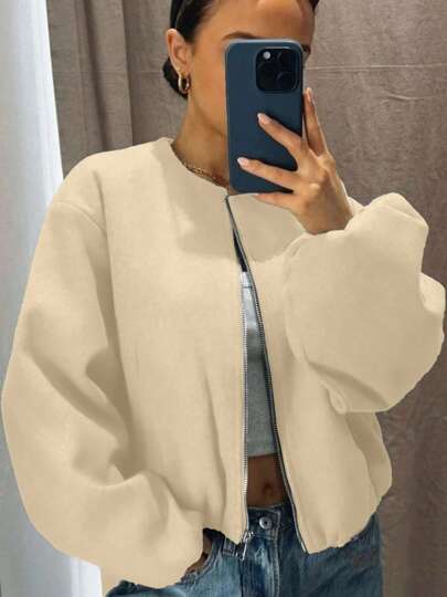 Chaqueta de béisbol para mujer, estilo bomber, estilo callejero, cuello redondo, hombros caídos, mangas farol, chaqueta con cremallera, ropa de abrigo, otoño/invierno