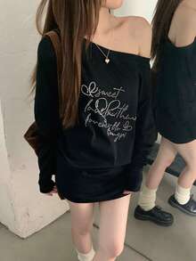 Autumn/Winter Casual Asymmetric Shoulder Long Sleeve T-Shirt For Women, Rhinestone Decor, Versatile Mid-Length Top