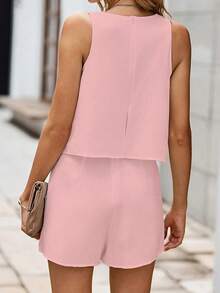 Jumpsuit Tanpa Lengan Wanita Warna Polos Kasual Elegan dengan Hiasan Rumbai di Bagian Bawah, Cocok untuk Musim Semi, Musim Panas, Musim Gugur, dan Musim Dingin (Warna Pink) - Berwarna merah muda - View 2