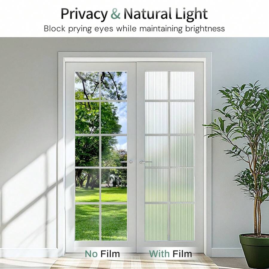 Reeded Glass Window Film, Privacy Frosted Glass Film, 3D Decorative Decals Removable Sun Blocking Anti UV Door Window Cover, No Glue Static Cling Vinyl For Bathroom Home Office, 17. 5" X 78. 7"