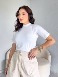 Women's T-Shirt Blouse Simple Casual 100% Cotton High Neck Comfortable - trắng - Xem 4
