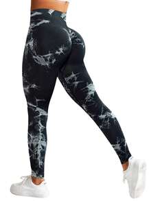 2 Pack Tie Dye High Waist Workout Leggings Sets For Women, Gym Pants, Yoga, Scrunch Butt, Butt Lifting Seamless Leggings - Black+Gray - 查看 2