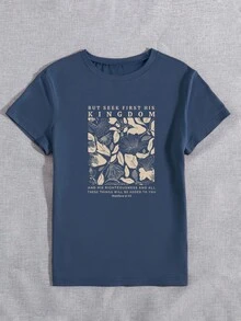 Camiseta de manga corta informal con estampado combinado de letras del alfabeto y flores para el verano, CON PERO BUSCA PRIMERO SU REINO Y SU JUSTICIA, Y TODAS ESTAS COSAS TE SERÁN AÑADIDAS Mateo 6:33 Camisetas gráficas para mujer - Azul - Ver 3