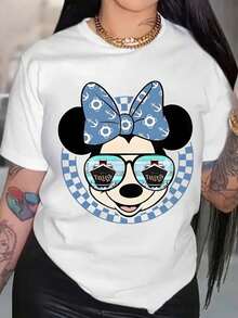 Short Sleeve Round Neck T-Shirt With Cartoon Image Printed On It, Casual And Fashionable Short Sleeve T-Shirt, Micro Elastic, Non-See-Through, Easy To Care For Material, Ideal Daily Wear, Ladies T-Shirt - 白色 - 查看 1