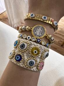 1 pieza Brazalete de acero inoxidable con cuentas de cobre con el ojo de Turquía y la Virgen María, un amuleto de la suerte de moda, adecuado para uso diario y fiesta de mujeres