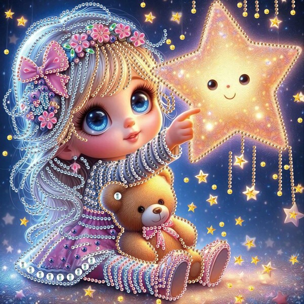 Little Girl And Teddy Bear With Stars 5D DIY Diamond Painting Set Cross Embroidery Mosaic Painting Junior Production, Frameless Home Wall Decoration, Festival Gifts, Multiple Size Options