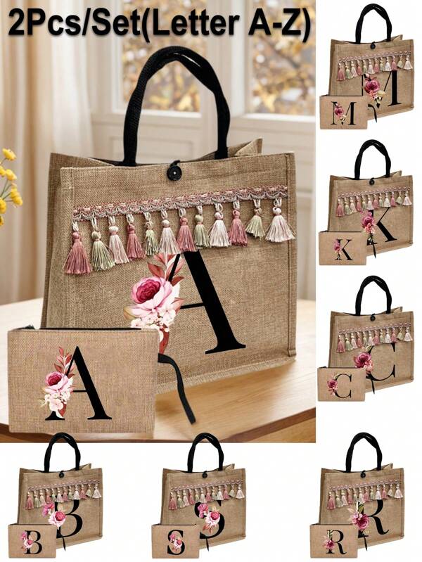 2 pièces/set de sac à main en lin imprimé avec initiales noires de fleurs simples A-Z, pompons roses, sac en lin, comprenant un cabas et un porte-monnaie, sac de voyage simple, porte-monnaie de cosmétiques, sac de maquillage de voyage de grande capacité, sac à main polyvalent portable pour enseignants
