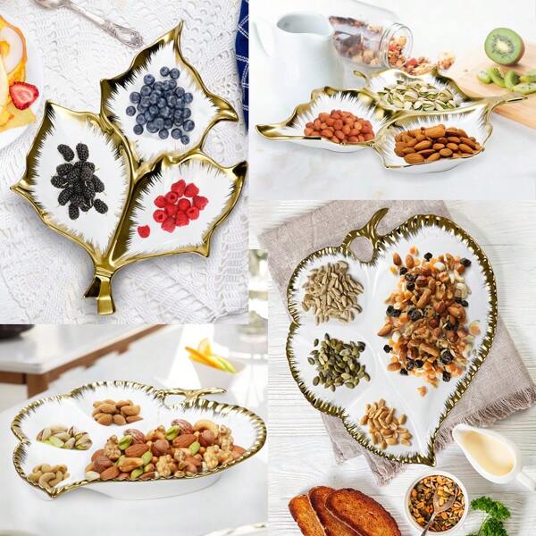 MBB 1 pieza Bandeja decorativa cerámica de 3 compartimentos con forma de hoja, bandeja de servir de porcelana dorada para aperitivos, plato dividido de cerámica blanco con borde dorado para servir fruta, dulces y frutos secos