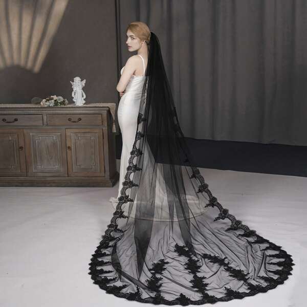 1 Peça Véu de Noiva Elegante Vintage Gótico Preto Longo com Detalhe em Renda, Adequado para Casamento, Festa à Noite, Apresentação