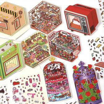 2*PET 贴纸+1* 场景卡 3D 造景贴纸 微型场景贴纸 立体房屋拼图玩具 卡通日记本 安静书 创意免裁剪 PET 贴纸 DIY 日记材料