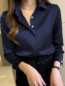 女士优雅黑色长袖衬衫，半透明涤纶，纽扣细节，适合春/夏/秋季 - 藍色 - 查看 4