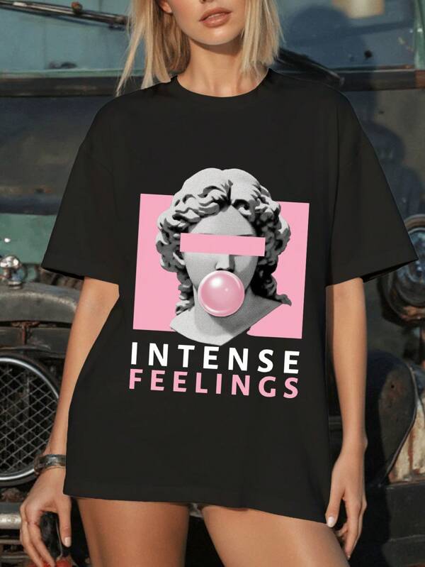 Classical Sculpture&Slogan Letter Print Graphic Women's Round Neck Short Sleeve Oversize Fit Long Length T-Shirt For Spring/Summer,Casual/Simple/Elegant/Sexy/Street/Y2K Style,For Outfit/Office/Home/Street,Cute Tops,Elegant Women Dresses,Sexy Outfits Club,Casual Summer Dress,Summer T Shirts,Cute Summer Tops,Brunch Women Outfit,Casual Women Outfits,Spring Outfits,Summer Tops,Graphic Shirts