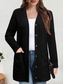 Yukiwi 女士纯色休闲前开襟纽扣口袋长袖开衫，日常穿着黑色 - 黑色 - 查看 3