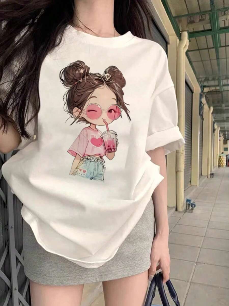 Japanese Style Women's Loose Round Neck Casual Versatile Printed Short Sleeve T-Shirt, Spring/Summer
