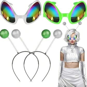 Ce set de 2 pièces comprend un casque de costume d'alien unique et amusant, un serre-tête d'alien et des lunettes de costume, ainsi qu'un serre-tête de mouche. C'est un choix parfait pour les fêtes d'Halloween, les événements sur le thème des extraterrestres, les fêtes d'anniversaire et la photographie.