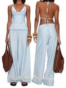 Womens 2 Piece Summer Outfits Sleeveless Stripes Print Halter Tops + Wide Leg Pants Set Streetwear - Sky Blue - View 6