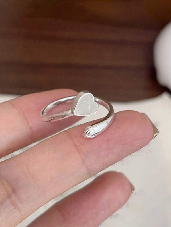1 pieza Anillo de dedo ajustable de plata esterlina 925 exquisito, elegante, lindo y dulce con jade sintético en forma de corazón, para uso diario, amistad, fiesta y como regalo de joyería para mujeres