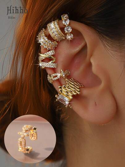 Hihho 1 pieza Pendientes tipo abrazadera de cobre con diseño retro y multicapa de circonita cúbica de moda para mujeres