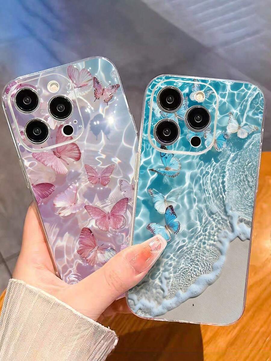 2件装时尚蝴蝶印花透明彩绘防摔手机壳，兼容 16/11/16pro/16plus/16promax/16e/15Promax/13/14/12/XS/XR/7G/8P，兼容三星Galaxy 11/12Pro/12/12X/13Pro/14Pro/15Pro/X3pro，兼容红米10/9/Note9/12c/Note11pro/Note8Pro/9C/9a，防摔手机保护壳，国际版，非国内版 - 彩色 - 查看 1
