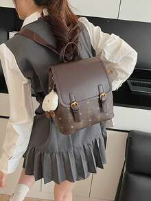 女士 PU 皮革兔子印花翻盖背包 + 单肩包套装（含毛绒钥匙扣），时尚实用的通勤包