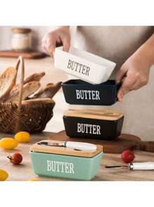 1 Piece Of Butter Dish, With Bamboo Lid, Multi-Functional Butter Dish, Ceramic French-Style Butter Plate, Suitable For Spreading Soft Butter, Equipped With A Waterproof Sealed Butter Container Stand, Very Suitable For Kitchen Baking And As A Gift. Sealed Butter Container Lid, Suitable For Kitchen Countertop Or Refrigerator Use, Household Kitchen Utensil.