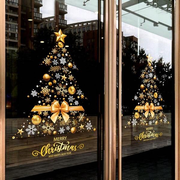 1 pieza 45cm*60cm Pegatina decorativa de ventana navideña, Calcomanía de árbol de Navidad con lazo dorado para vidrio, Adecuado para decorar el ambiente de fiesta navideña, Flor de ventana con adherencia estática en toda la hoja
