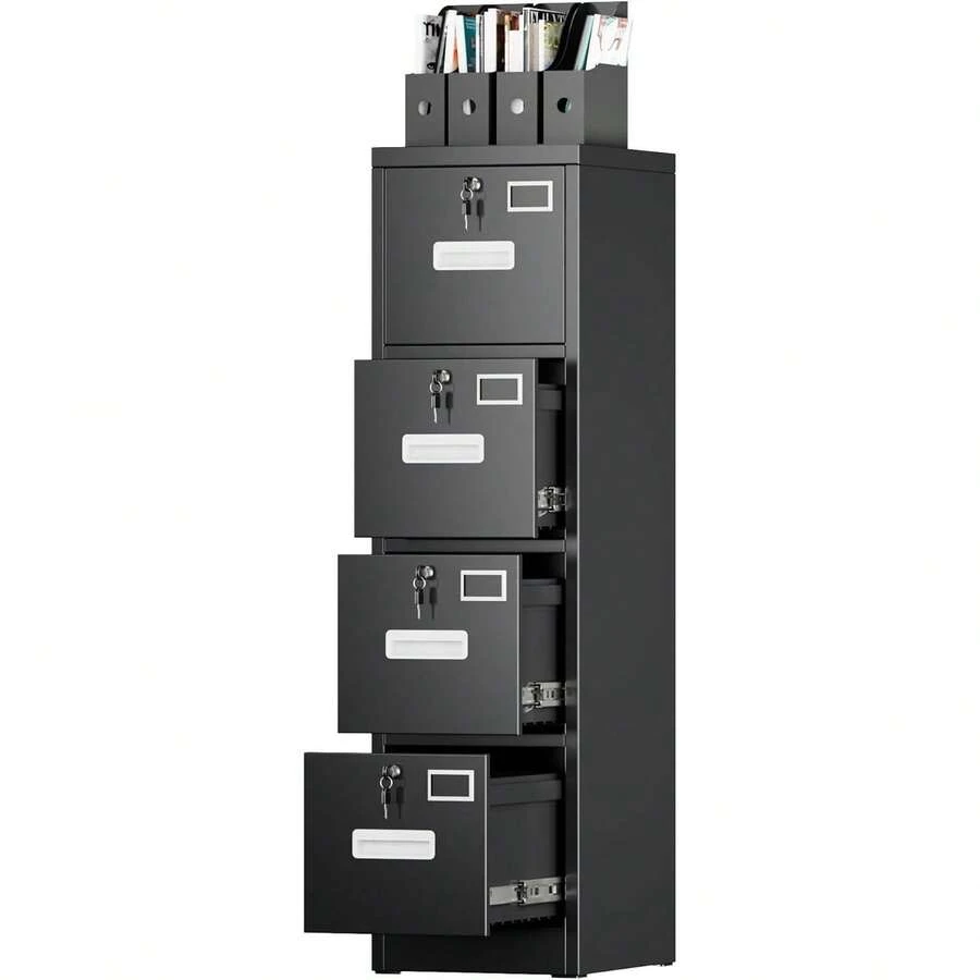 4 Drawer File Cabinet, Metal Vertical Black Filing Cabinets With Lock For Home Office With Name Card Holder For Letter/Legal/A4/F4 Size (Assemble Required) - màu đen - Xem 1