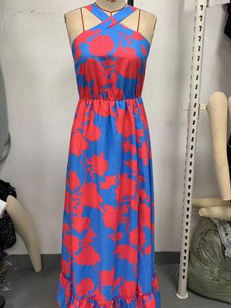 女士夏季度假花卉印花荷叶边高开衩露背连衣裙，度假装