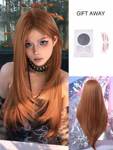 alicegarden Forehead Lace 4 * 1, Forehead Lace Straight Wig, Dirty Orange 28 Inch Daily Natural Semi Woven, Natural Daily Use Realistic Wig