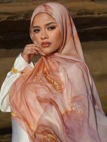 1件装女士波西米亚风渐变金箔印花头巾，柔软防风围巾披肩，春夏百搭街头风配饰 - 熱帶粉紅色 - 查看 3