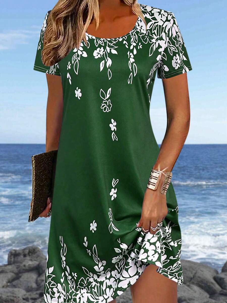 新款时尚轻盈优雅女士休闲度假风格修身连衣裙，适合外出、居家、旅行和办公室，圆领短袖复古百搭夏季度假连衣裙 - 綠色 - 查看 1