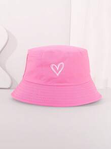 1pc Vintage Solid Color Heart Embroidery Kids Bucket Hat, Outdoor Sports Travel Sun Protection Sunscreen Bucket Hat For Boys And Girls