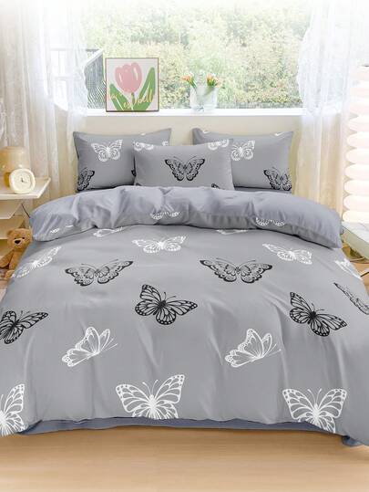 2/3件套蝴蝶图案被套套装，灰色床上用品套装，亲肤舒适，柔软舒适，带拉链和四角系带，透气轻盈，丝滑柔顺，适合所有季节，适用于单人床/双人床/大号床，包含1个被套和2个枕套，是节日礼物、秋季装饰和房间装饰的理想之选。