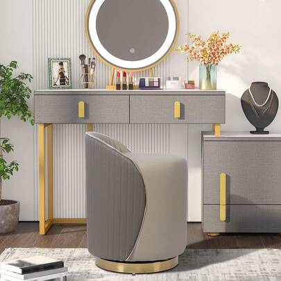 T-ZBDZ Sillón tocador redondo de piel napa con respaldo giratorio 360° y detalles dorados. Taburete moderno para dormitorio o salón.