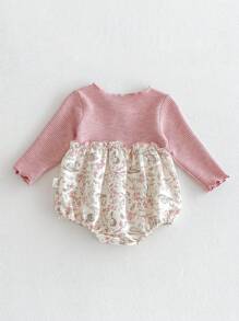 Baby Girls' Long Sleeve Cute Bow Print Patchwork Bodysuit, Autumn - Pink - View 3