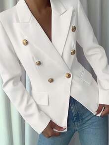 New Pure White Women's Elegant Double Breasted Lapel Long Sleeved Suit Jacket, High-Quality Classic Suit Jacket, Suitable For Office And Business - 白色 - 查看 4