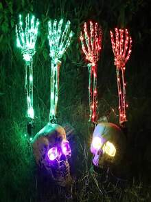 1 Set Of Realistic Halloween Skull Decorative Lights, 3 Pieces Skull Arms With Stakes Black Cracked Skulls Outdoor Yard Lawn Garden Cemetery Party Supplies, Yard Ground Stakes, Halloween Ground Stakes, Skeleton Hands Halloween Decor Light Home Decor Party Decor Halloween Decoration Room Decor Halloween Garden Decor For Gift Fairy - Halloween Skull Pile - View 2
